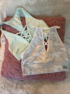 PINK Victoria’s Secret Camo & Mint Crisscross Sports Bras